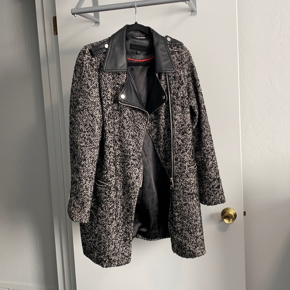 Tweed and faux leather coat